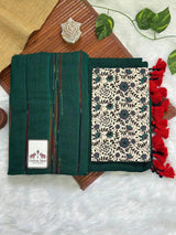 Rama green cotton handloom saree with floral printed blouse - Cotton Dori
