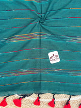 Rama green cotton handloom saree with floral printed blouse - Cotton Dori