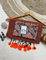 Premium Handloom Cotton Saree - Rust orange cotton saree with printed blouse - Cotton Dori