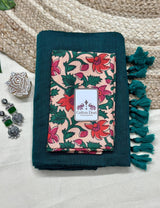 Rama green cotton handloom saree with flower printed blouse - Cotton Dori