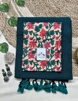 Rama green cotton handloom saree with flower printed blouse - Cotton Dori
