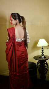 Wine cotton handloom saree with floral printed blouse - Cotton Dori