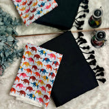 Premium Handloom Cotton Saree - Royal Black saree with white elephant printed blouse - Cotton Dori