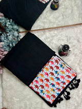 Premium Handloom Cotton Saree - Royal Black saree with white elephant printed blouse - Cotton Dori