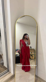 Rose red cotton handloom saree with beautiful printed blouse