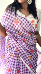 Royal Lavender Linen Cotton Checks Saree with Delicate Rose Prints & White Floral Blouse