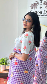 Royal Lavender Linen Cotton Checks Saree with Delicate Rose Prints & White Floral Blouse