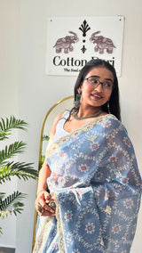 Misty Denim Blue Kota Doriya Silk with Embroidery & Sequin Work Blouse Saree
