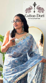 Misty Denim Blue Kota Doriya Silk with Embroidery & Sequin Work Blouse Saree