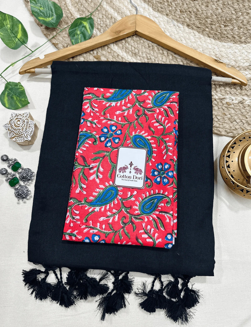 Premium Handloom Cotton Saree - Pure cotton handloom Black saree with Red printed blouse