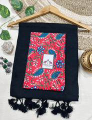Premium Handloom Cotton Saree - Pure cotton handloom Black saree with Red printed blouse - Cotton Dori