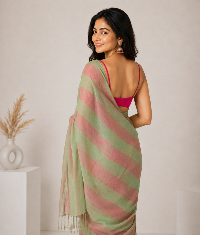 Blush Sage Linen Cotton Digital Printed Saree with Elegant Blouse