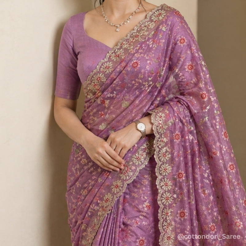 Blush Plum Kota Doriya Silk with Embroidery & Sequin Work Blouse Saree
