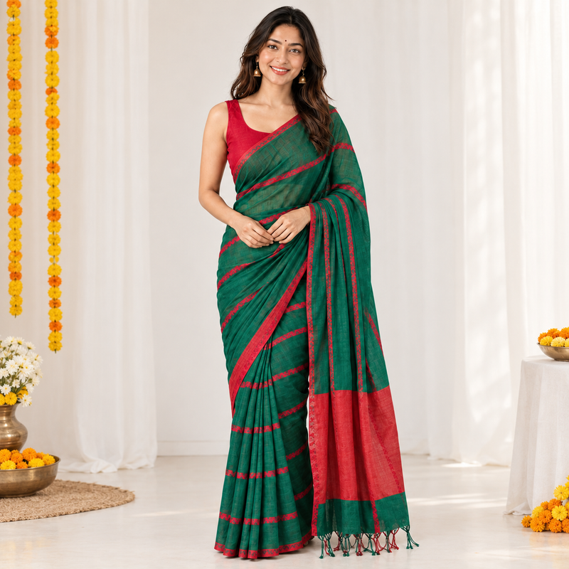 Green Garnet Linen Cotton Saree with Small Lining and Contrast Pallu