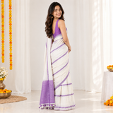 Amethyst Cloud Linen Cotton Saree with Purple Contrast Border