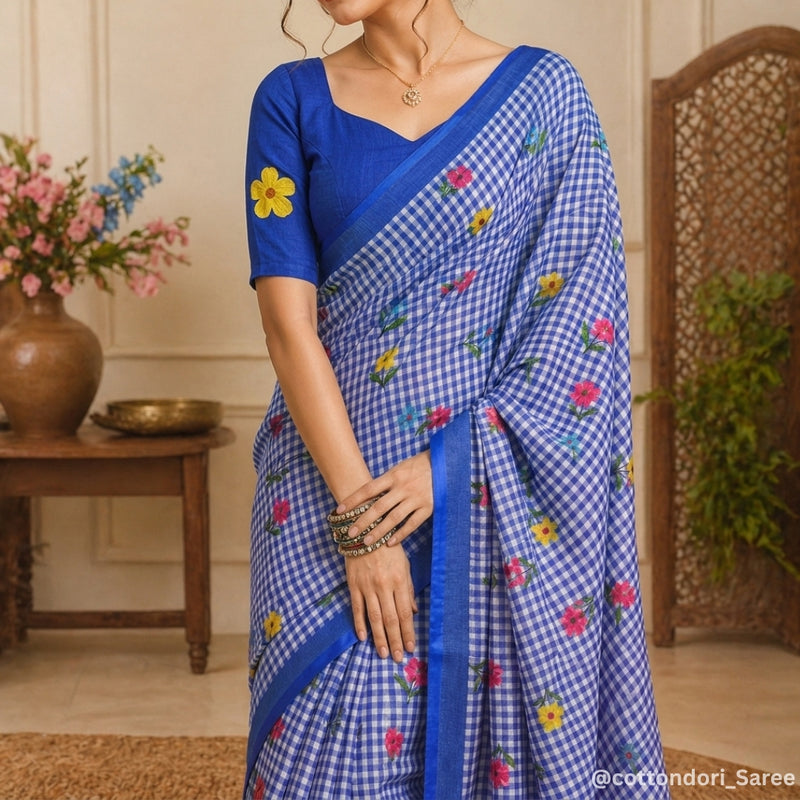 Ocean Blue Linen Cotton Saree with Digital Printed Floral Motifs & Matching Blouse