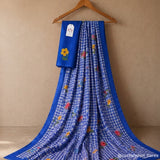 Ocean Blue Linen Cotton Saree with Digital Printed Floral Motifs & Matching Blouse