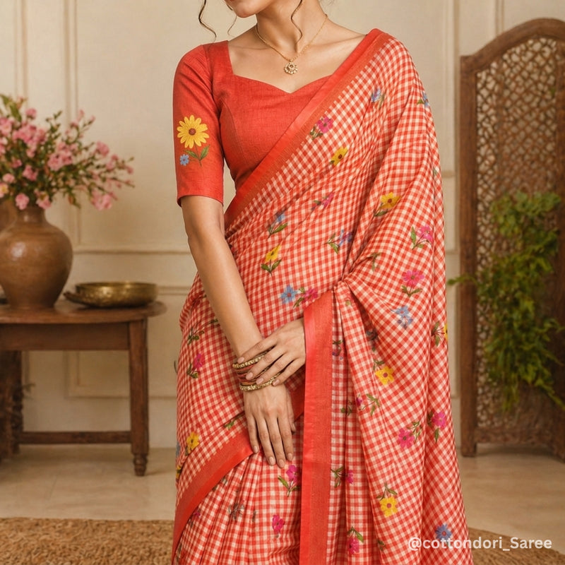 Sunset Orange Linen Cotton Saree with Digital Printed Flower Motifs & Matching Blouse