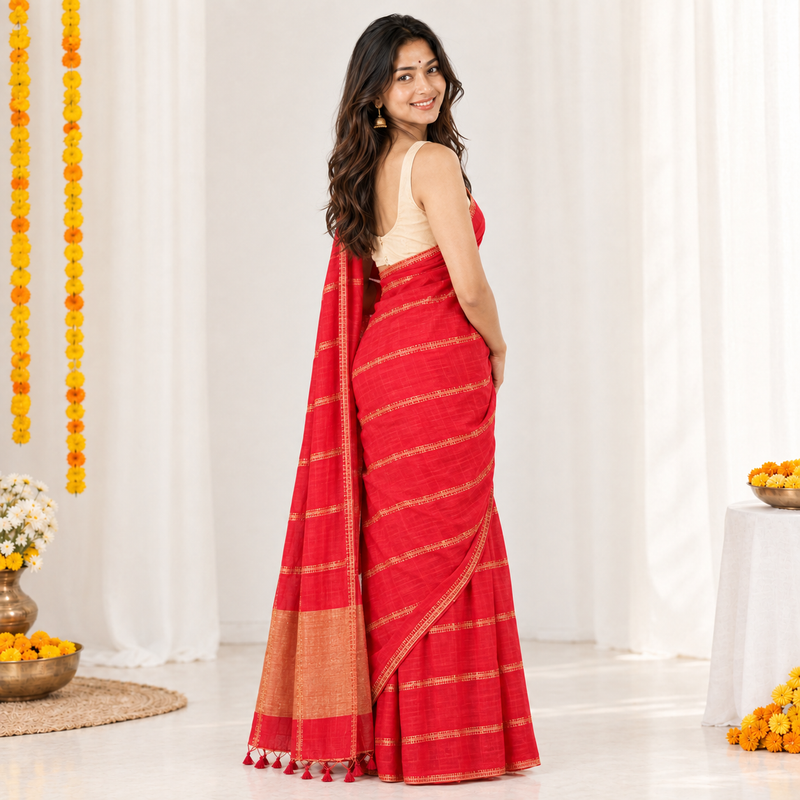 Ruby Sunset Linen Cotton Saree with Fine Lining Digital Print