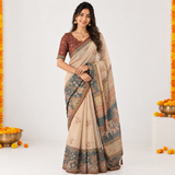 Vintage Garden Linen Cotton Saree with Artistic Floral & Animal Print