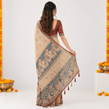 Vintage Garden Linen Cotton Saree with Artistic Floral & Animal Print