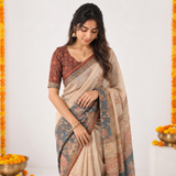 Vintage Garden Linen Cotton Saree with Artistic Floral & Animal Print