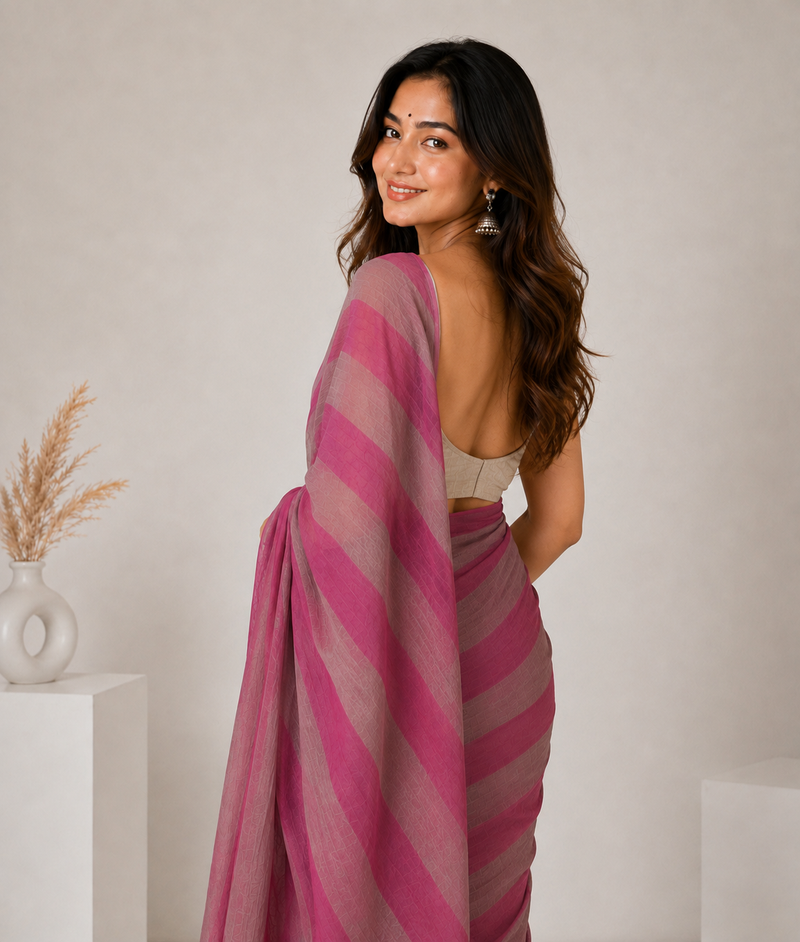 Rose Pink Linen Cotton Digital Printed Saree with Coordinated Blouse