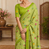 Spring Green Linen Cotton Saree with Digital Printed Floral Design & Matching Blouse