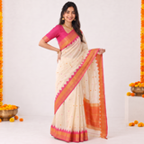 Pearl Cream Lichi Soft Silk Saree with Orange Pink Zari Border