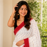 Elegant Red Cross Print Digital Printed Linen Cotton Saree