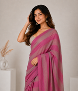 Rose Pink Linen Cotton Digital Printed Saree with Coordinated Blouse