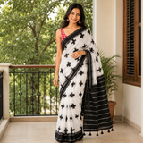 Moonmist White Line Cotton Saree with Bold Black Geometric Print