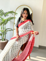 Elegant Red Cross Print Digital Printed Linen Cotton Saree