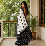 Moonmist White Line Cotton Saree with Bold Black Geometric Print