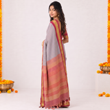 Ocean Peach Handloom Cotton Silk Saree with Contrast Blouse