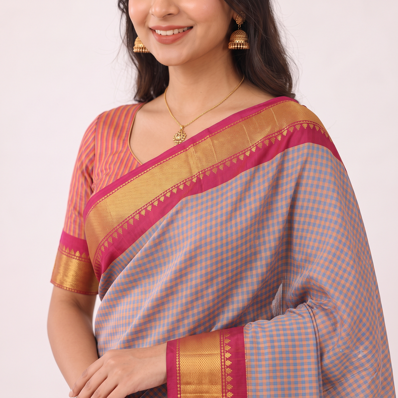 Ocean Peach Handloom Cotton Silk Saree with Contrast Blouse