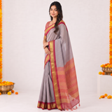 Ocean Peach Handloom Cotton Silk Saree with Contrast Blouse