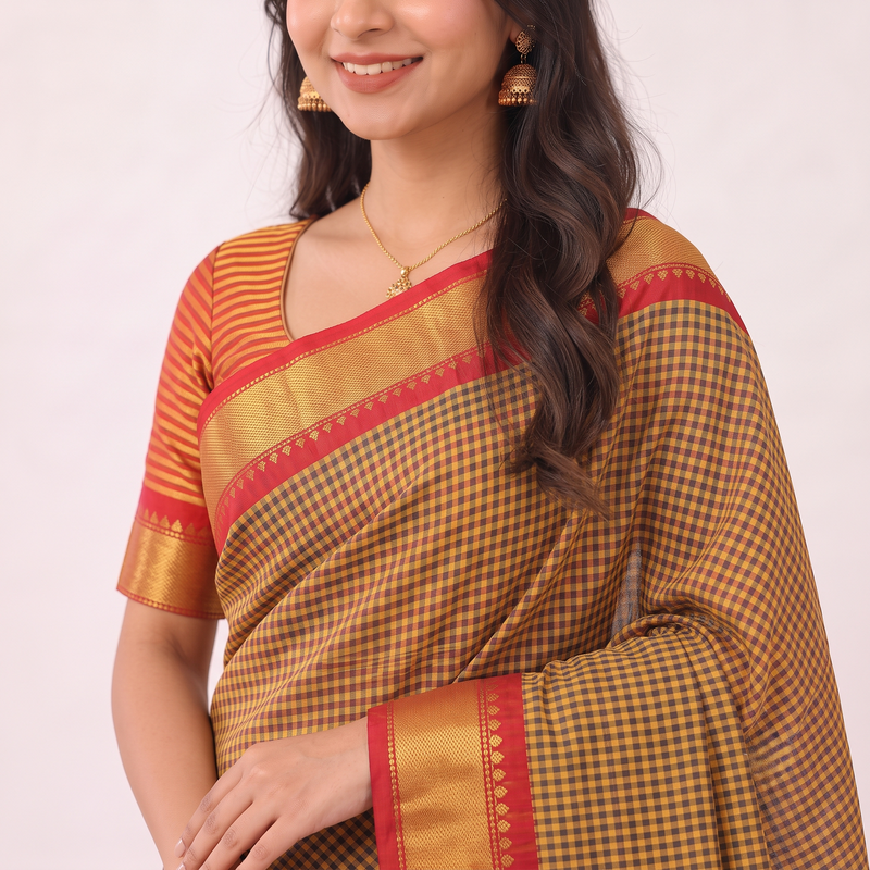 Golden Harvest Handloom Cotton Silk Saree with Red Gold Border