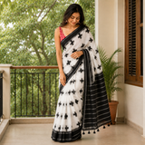 Moonmist White Line Cotton Saree with Bold Black Geometric Print