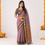 Dusty Rose Striped Handloom Cotton Silk Saree with Golden Border