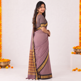 Dusty Rose Striped Handloom Cotton Silk Saree with Golden Border