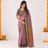 Dusty Rose Striped Handloom Cotton Silk Saree with Golden Border