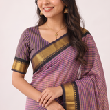 Dusty Rose Striped Handloom Cotton Silk Saree with Golden Border