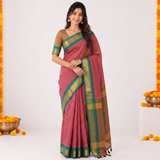 Fuchsia Mist Checked Handloom Cotton Silk Saree with Golden Border