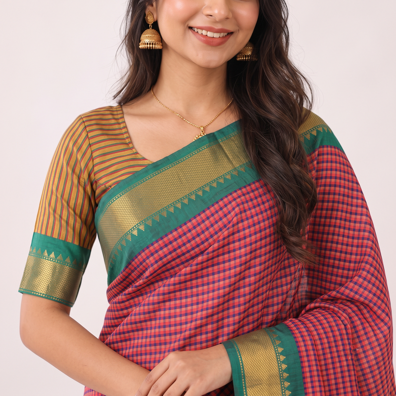 Fuchsia Mist Checked Handloom Cotton Silk Saree with Golden Border