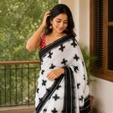 Moonmist White Line Cotton Saree with Bold Black Geometric Print