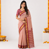 Blush Coral Checked Handloom Cotton Silk Saree with Maroon Border