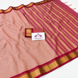 Blush Coral Checked Handloom Cotton Silk Saree with Maroon Border