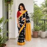 Midnight Mustard Line Cotton Geometric Printed Saree