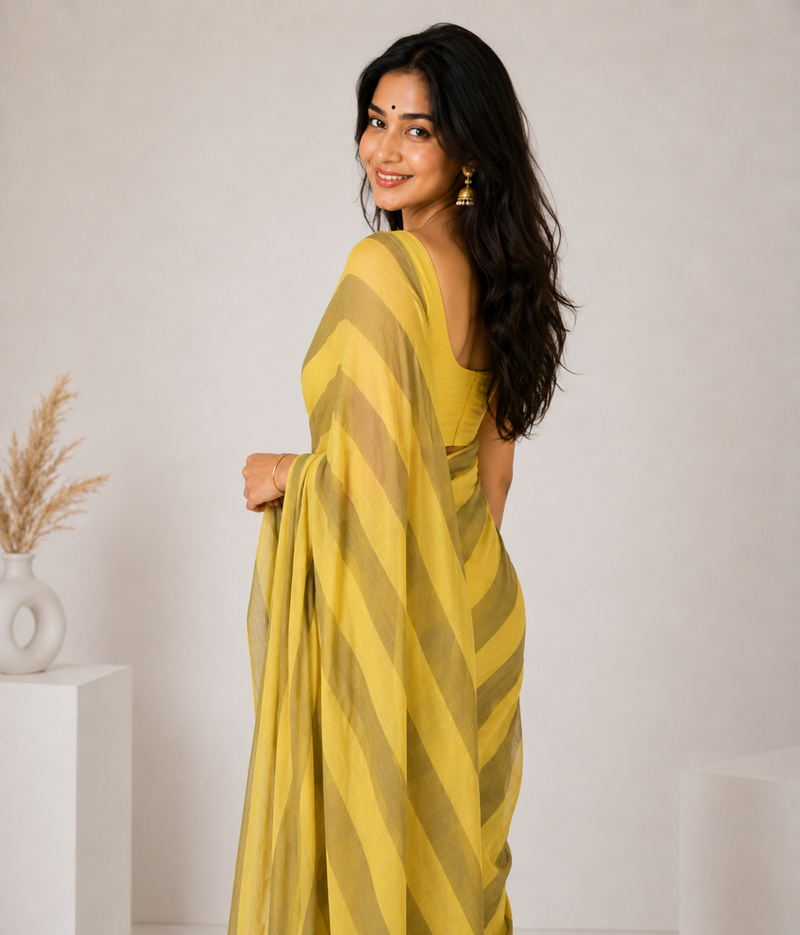 Sunshine Mustard Linen Cotton Digital Printed Saree with Blouse